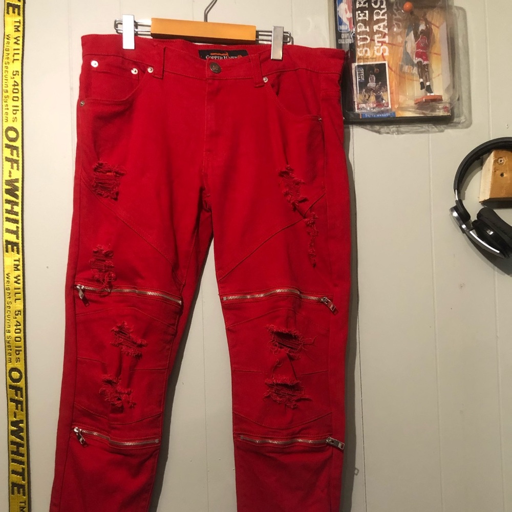 Copper Rivet Distressed Denim (Red)